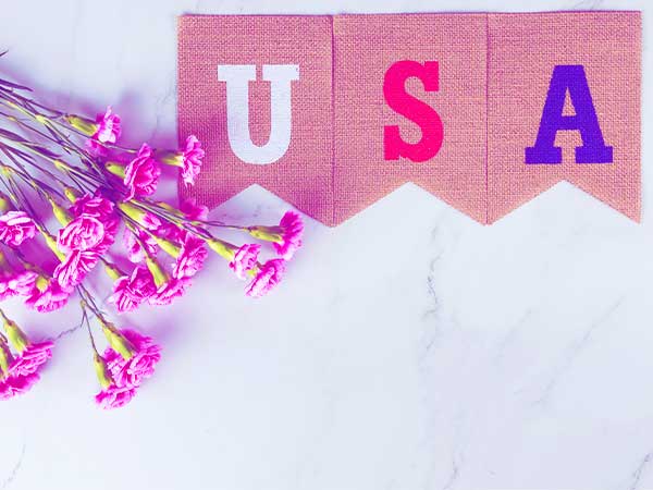 Embroidered burlap cloth the letter USA on it and pink carnations on the left. Embroidered burlap cloth the letter USA on it and pink carnations on the left.