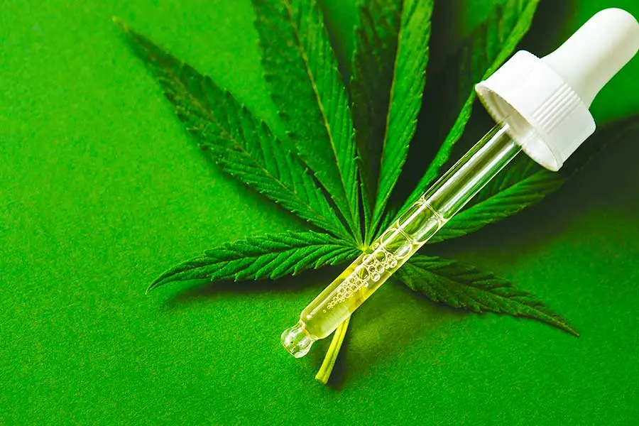 Picture of a medical cannabis leaf with a tincture dropper.