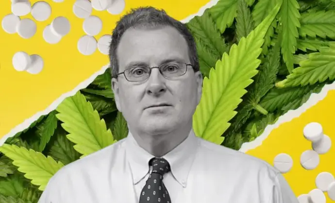 Dr. Peter Grinspoon. Strategic Advisor to the Cannabis Center of Excellence. Picture of  Dr. Grinspoon. Pills and cannabis on a yellow background.