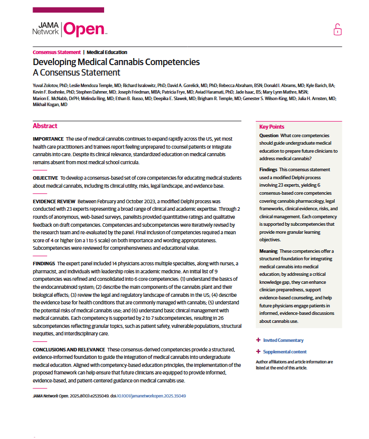 Jama Network Publication. Developing Medical Cannabis Competencies. A consensus statement.